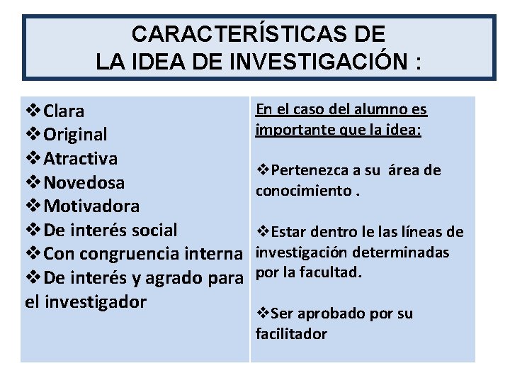 CARACTERÍSTICAS DE LA IDEA DE INVESTIGACIÓN : v. Clara v. Original v. Atractiva v.