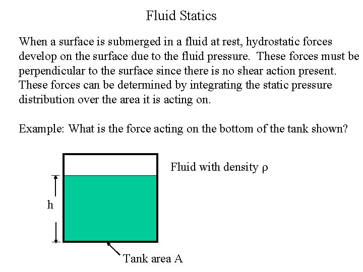 Fluid Statics When a surface is submerged in a fluid at rest, hydrostatic forces