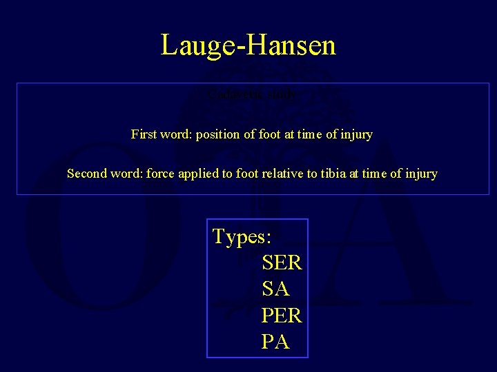 Lauge-Hansen Cadaveric study First word: position of foot at time of injury Second word: Lauge-Hansen Cadaveric study First word: position of foot at time of injury Second word: