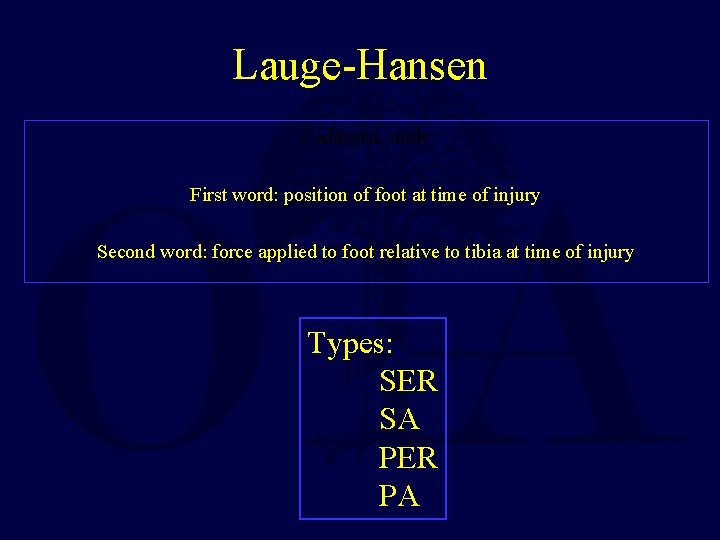 Lauge-Hansen Cadaveric study First word: position of foot at time of injury Second word: