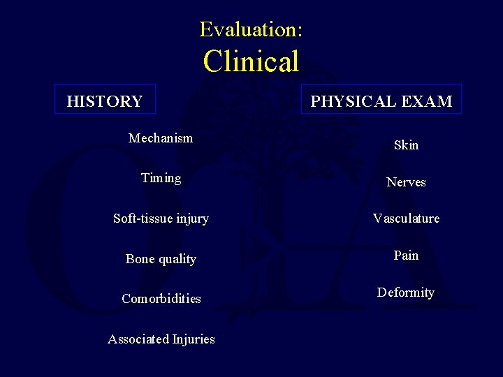 Evaluation: Clinical HISTORY Mechanism PHYSICAL EXAM Skin Timing Nerves Soft-tissue injury Vasculature Bone quality Evaluation: Clinical HISTORY Mechanism PHYSICAL EXAM Skin Timing Nerves Soft-tissue injury Vasculature Bone quality