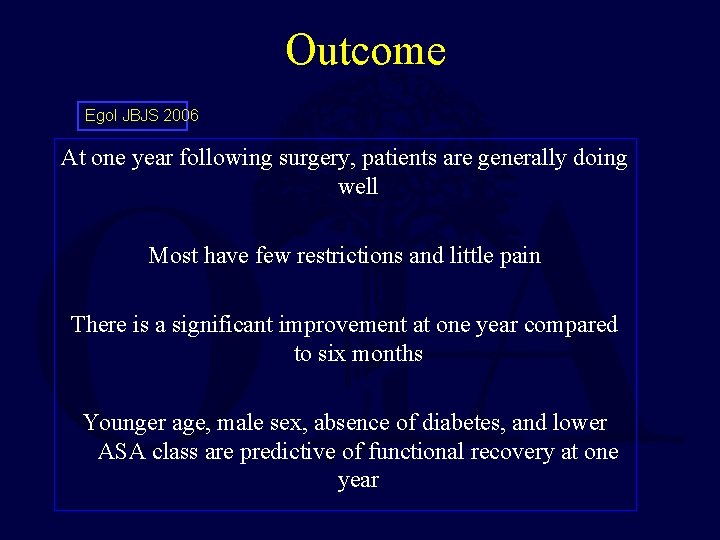 Outcome Egol JBJS 2006 At one year following surgery, patients are generally doing well Outcome Egol JBJS 2006 At one year following surgery, patients are generally doing well