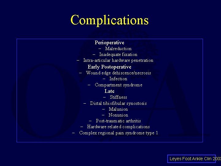 Complications Perioperative – Malreduction – Inadequate fixation – Intra-articular hardware penetration Early Postoperative – Complications Perioperative – Malreduction – Inadequate fixation – Intra-articular hardware penetration Early Postoperative –