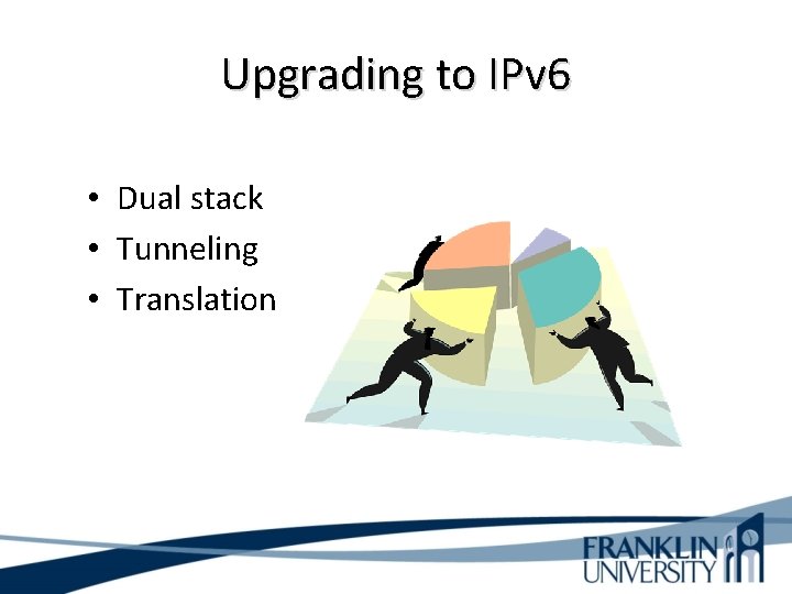 Upgrading to IPv 6 • Dual stack • Tunneling • Translation 