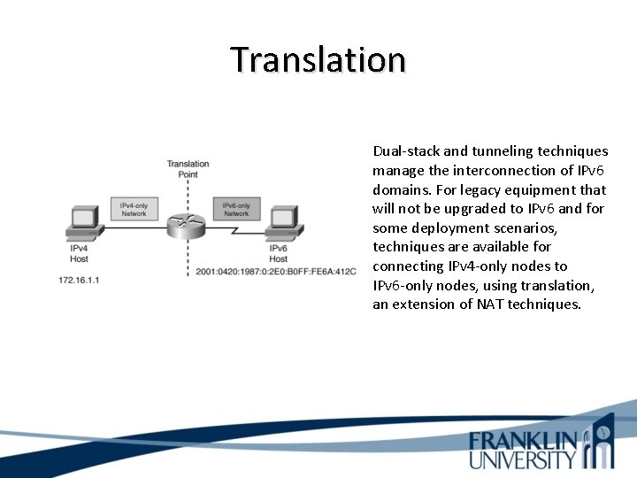Translation Dual-stack and tunneling techniques manage the interconnection of IPv 6 domains. For legacy