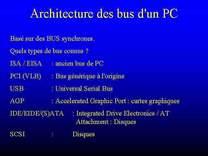 Architecture des bus d'un PC Basé sur des BUS synchrones. Quels types de bus