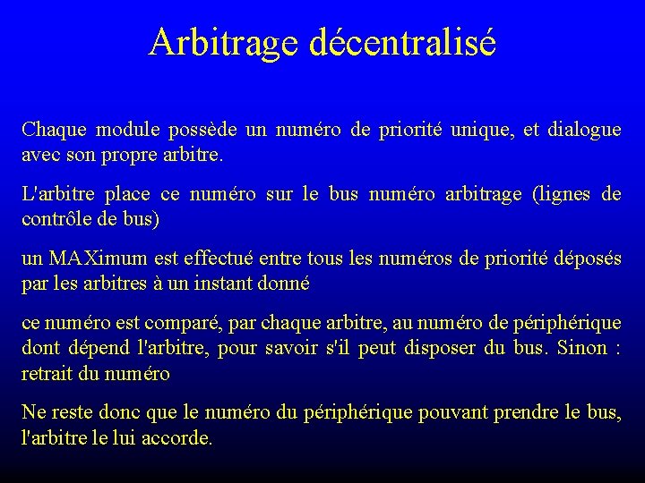 Arbitrage décentralisé Chaque module possède un numéro de priorité unique, et dialogue avec son