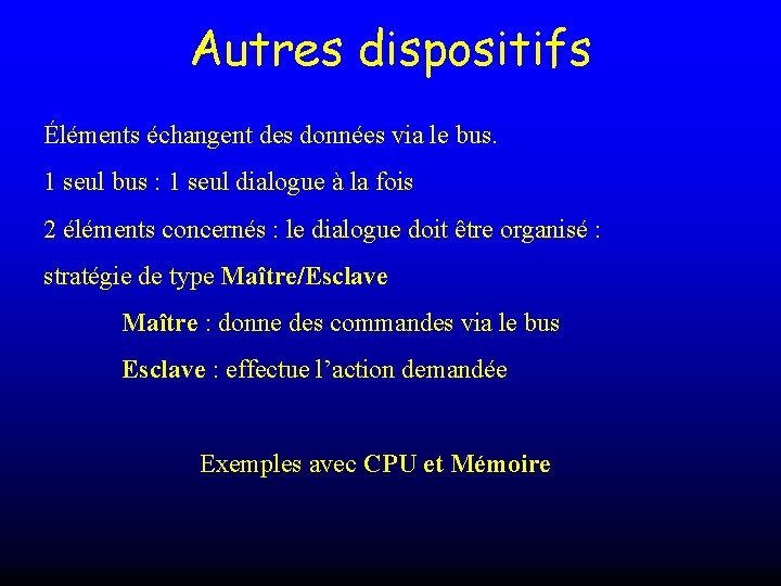 Autres dispositifs Éléments échangent des données via le bus. 1 seul bus : 1