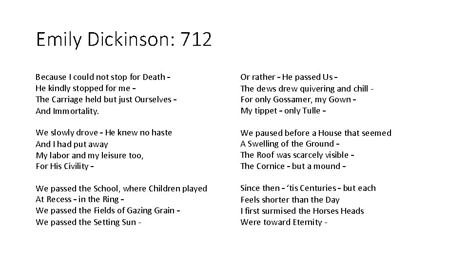 Emily Dickinson: 712 Because I could not stop for Death – He kindly stopped Emily Dickinson: 712 Because I could not stop for Death – He kindly stopped