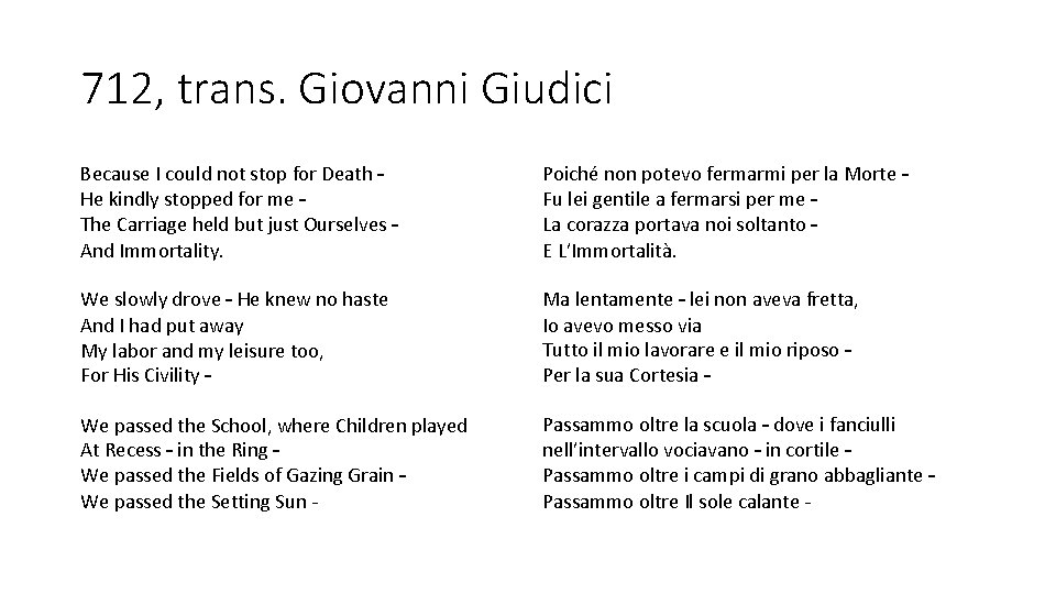 712, trans. Giovanni Giudici Because I could not stop for Death – He kindly 712, trans. Giovanni Giudici Because I could not stop for Death – He kindly