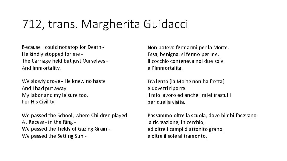 712, trans. Margherita Guidacci Because I could not stop for Death – He kindly 712, trans. Margherita Guidacci Because I could not stop for Death – He kindly