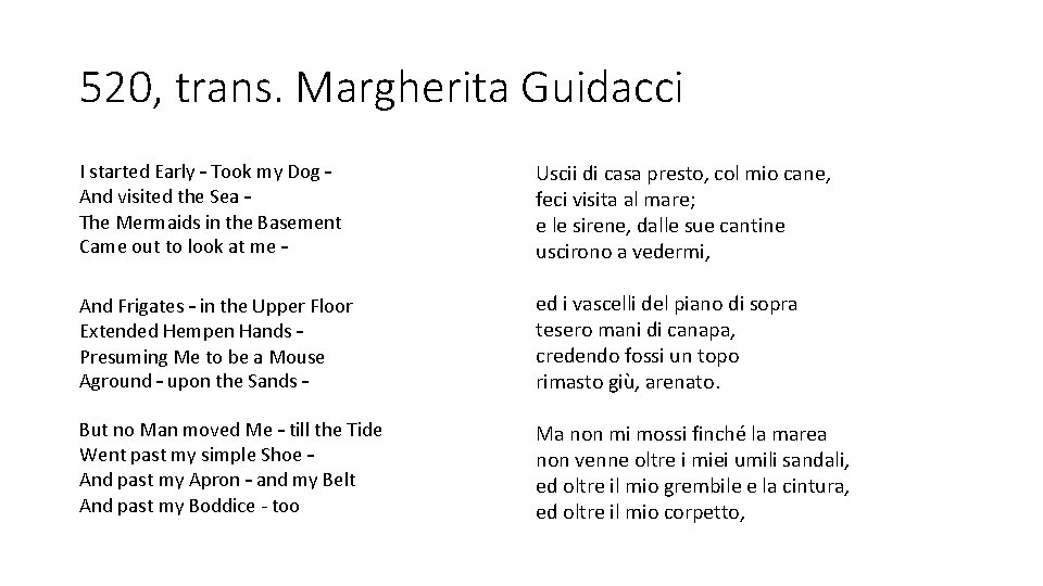 520, trans. Margherita Guidacci I started Early – Took my Dog – And visited 520, trans. Margherita Guidacci I started Early – Took my Dog – And visited