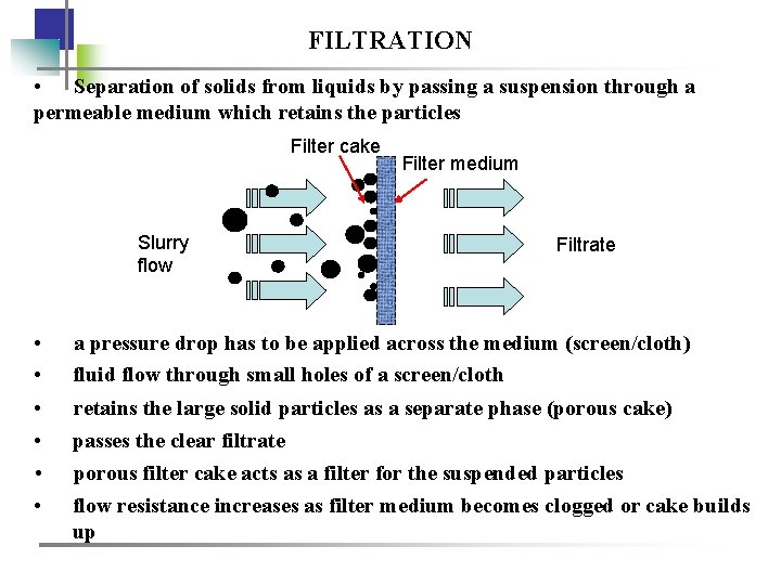 FILTRATION • Separation of solids from liquids by passing a suspension through a permeable