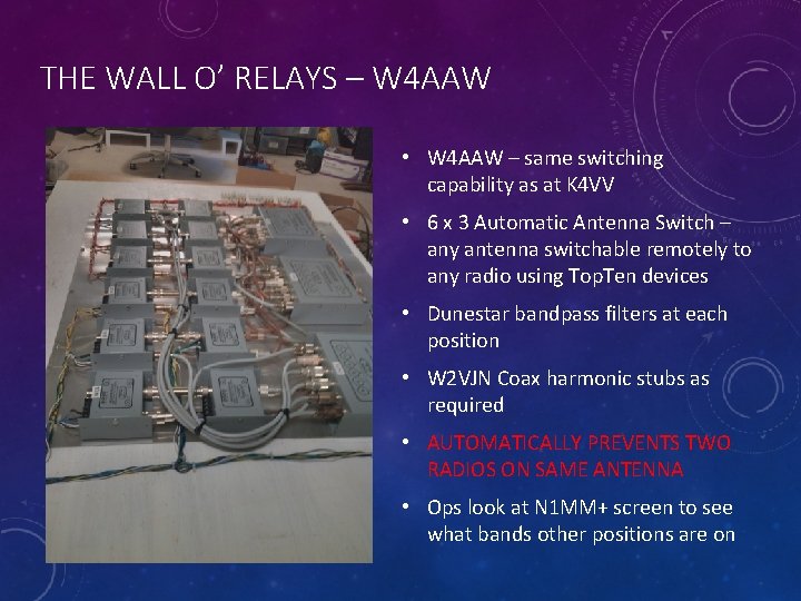 THE WALL O’ RELAYS – W 4 AAW • W 4 AAW – same