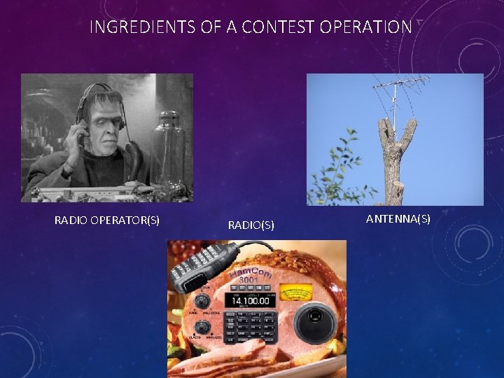 INGREDIENTS OF A CONTEST OPERATION RADIO OPERATOR(S) RADIO(S) ANTENNA(S) 