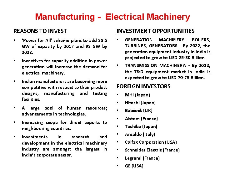 Manufacturing - Electrical Machinery REASONS TO INVEST • ‘Power for All’ scheme plans to