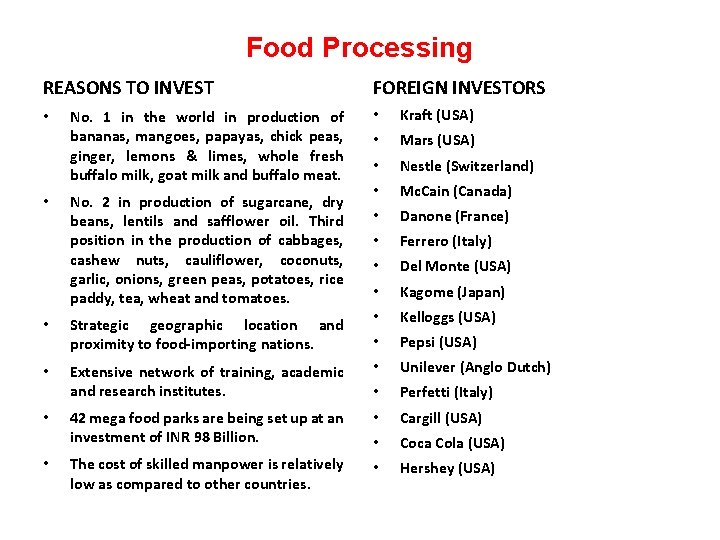 Food Processing REASONS TO INVEST • • No. 1 in the world in production