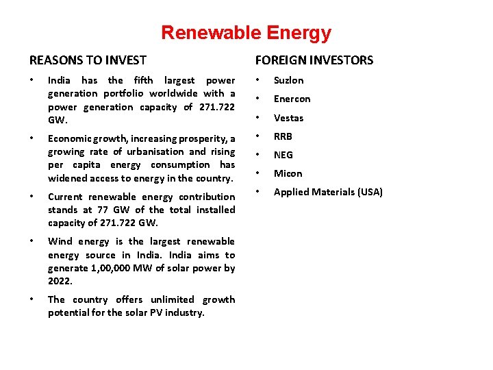 Renewable Energy REASONS TO INVEST FOREIGN INVESTORS India has the fifth largest power generation