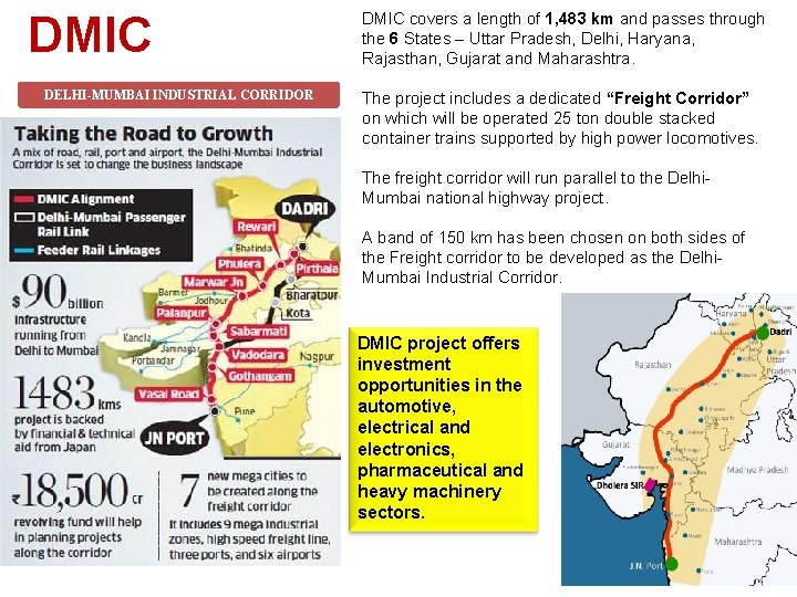 DMIC DELHI-MUMBAI INDUSTRIAL CORRIDOR DMIC covers a length of 1, 483 km and passes