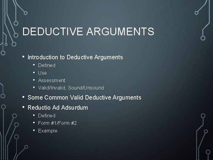 DEDUCTIVE ARGUMENTS • Introduction to Deductive Arguments • • • Defined Use Assessment Valid/Invalid,
