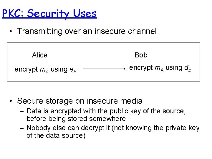 PKC: Security Uses • Transmitting over an insecure channel Alice encrypt m. A using