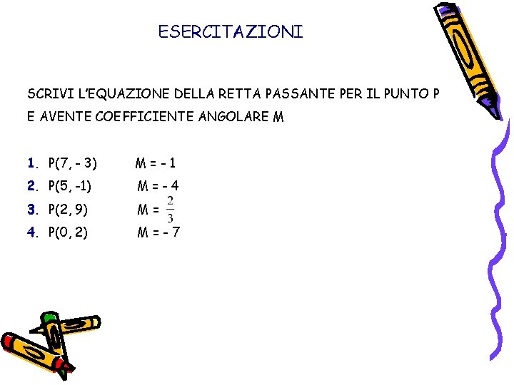 ESERCITAZIONI SCRIVI L’EQUAZIONE DELLA RETTA PASSANTE PER IL PUNTO P E AVENTE COEFFICIENTE ANGOLARE