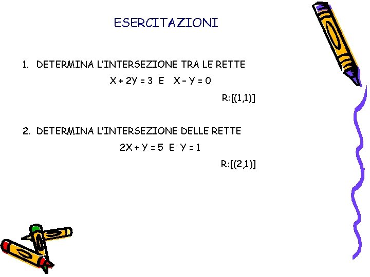 ESERCITAZIONI 1. DETERMINA L’INTERSEZIONE TRA LE RETTE X + 2 Y = 3 E