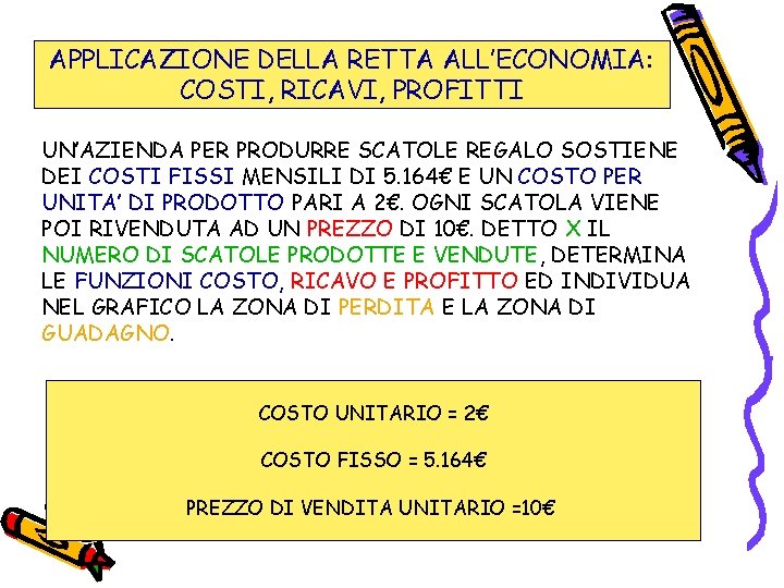 APPLICAZIONE DELLA RETTA ALL’ECONOMIA: COSTI, RICAVI, PROFITTI UN’AZIENDA PER PRODURRE SCATOLE REGALO SOSTIENE DEI