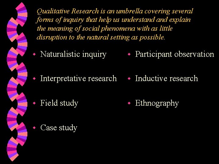 Qualitative Research is an umbrella covering several forms of inquiry that help us understand