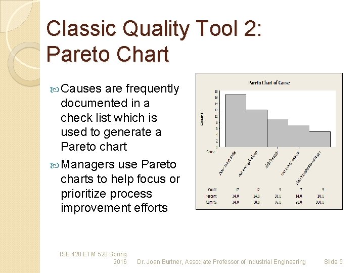 Classic Quality Tool 2: Pareto Chart Causes are frequently documented in a check list Classic Quality Tool 2: Pareto Chart Causes are frequently documented in a check list