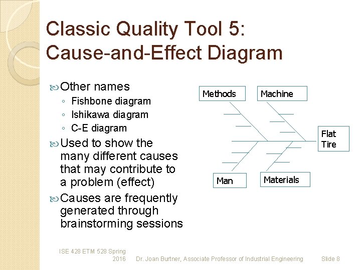Classic Quality Tool 5: Cause-and-Effect Diagram Other names ◦ Fishbone diagram ◦ Ishikawa diagram Classic Quality Tool 5: Cause-and-Effect Diagram Other names ◦ Fishbone diagram ◦ Ishikawa diagram