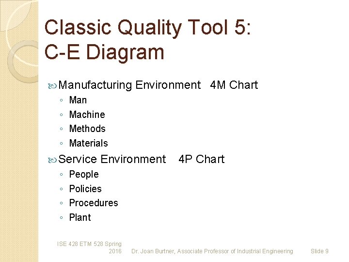 Classic Quality Tool 5: C-E Diagram Manufacturing Environment 4 M Chart ◦ ◦ Man Classic Quality Tool 5: C-E Diagram Manufacturing Environment 4 M Chart ◦ ◦ Man