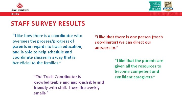 NURSING STAFF SURVEY RESULTS “I like how there is a coordinator who oversees the