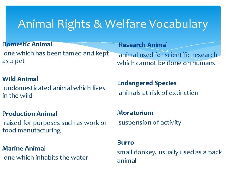 Animal Rights & Welfare Vocabulary Domestic Animal one which has been tamed and kept