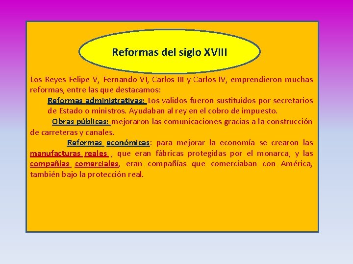 Reformas del siglo XVIII Los Reyes Felipe V, Fernando VI, Carlos III y Carlos