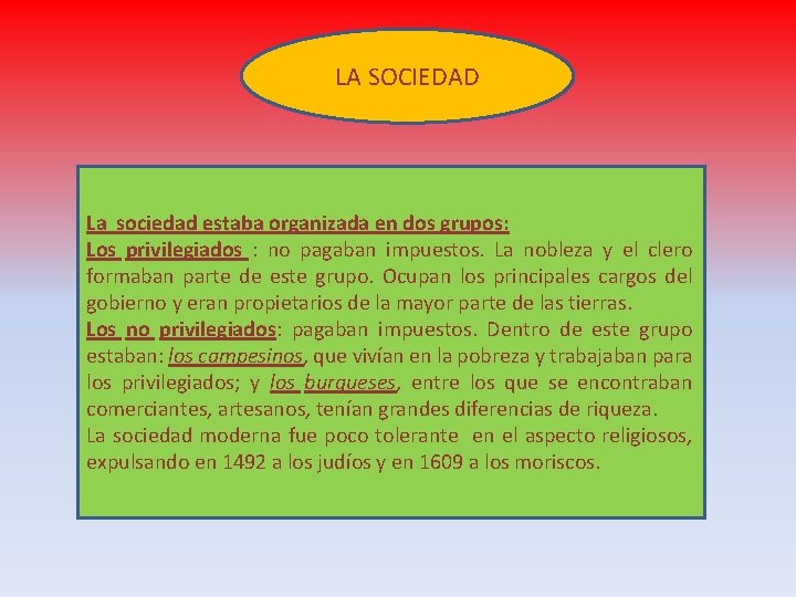 LA SOCIEDAD La sociedad estaba organizada en dos grupos: Los privilegiados : no pagaban