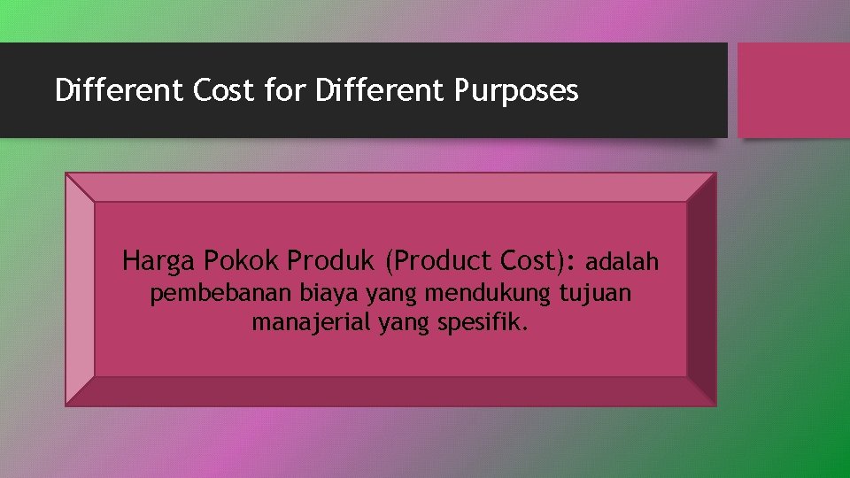 Different Cost for Different Purposes Harga Pokok Produk (Product Cost): adalah pembebanan biaya yang