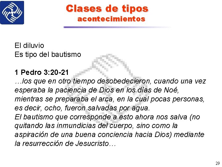 Clases de tipos acontecimientos El diluvio Es tipo del bautismo 1 Pedro 3: 20