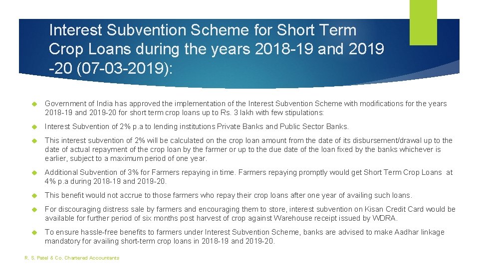 Interest Subvention Scheme for Short Term Crop Loans during the years 2018 -19 and