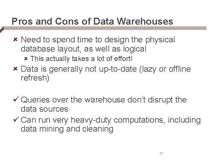 Pros and Cons of Data Warehouses û Need to spend time to design the