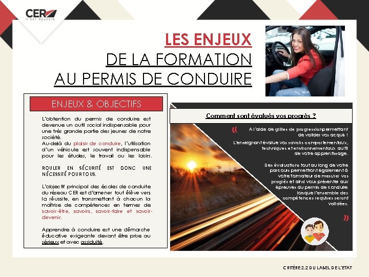 LES ENJEUX DE LA FORMATION AU PERMIS DE CONDUIRE ENJEUX & OBJECTIFS L’obtention du