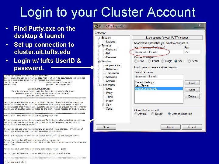 Login to your Cluster Account • Find Putty. exe on the desktop & launch