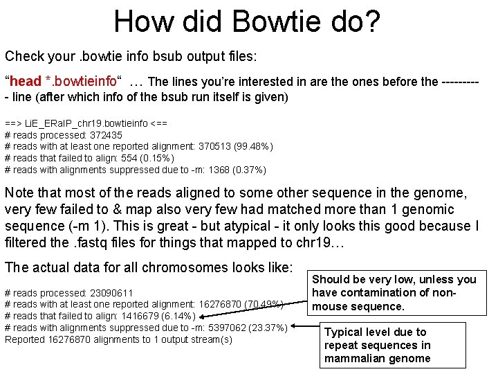 How did Bowtie do? Check your. bowtie info bsub output files: “head *. bowtieinfo“