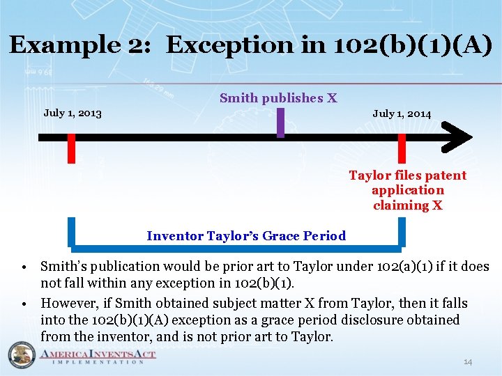 Example 2: Exception in 102(b)(1)(A) Smith publishes X July 1, 2013 July 1, 2014