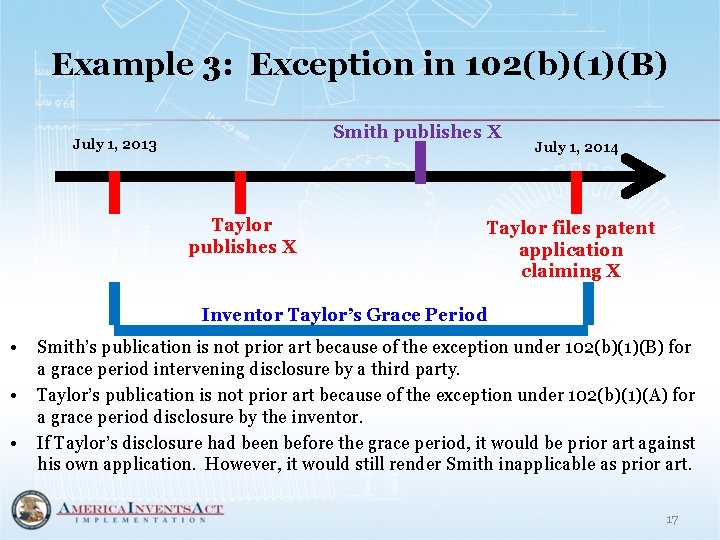 Example 3: Exception in 102(b)(1)(B) Smith publishes X July 1, 2013 Taylor publishes X