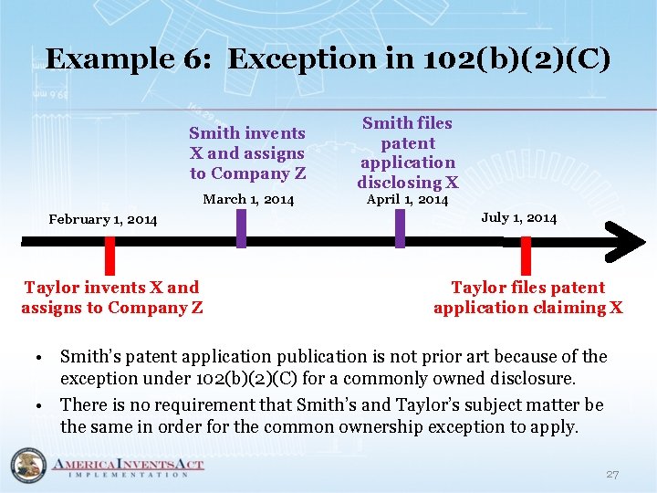 Example 6: Exception in 102(b)(2)(C) Smith invents X and assigns to Company Z Smith