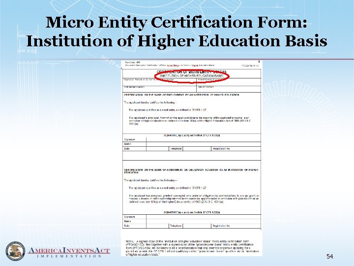 Micro Entity Certification Form: Institution of Higher Education Basis 54 