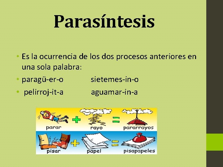 Parasíntesis • Es la ocurrencia de los dos procesos anteriores en una sola palabra: Parasíntesis • Es la ocurrencia de los dos procesos anteriores en una sola palabra: