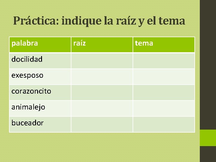 Práctica: indique la raíz y el tema palabra docilidad exesposo corazoncito animalejo buceador raíz Práctica: indique la raíz y el tema palabra docilidad exesposo corazoncito animalejo buceador raíz