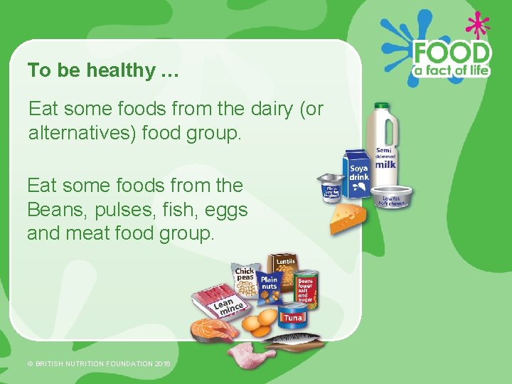 To be healthy … Eat some foods from the dairy (or alternatives) food group.